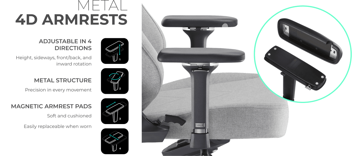 4D metal armrests adjustable in height, lateral and front